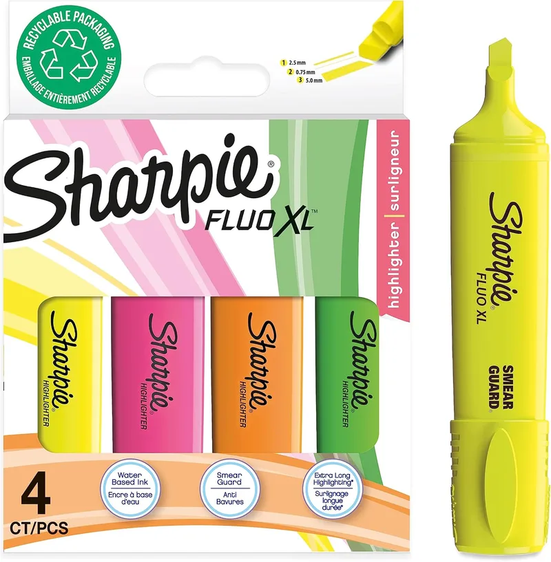 Sharpie ▫️ Marcadores fluorescentes Fluo XL | ponta biselada | Marcadores fluorescentes nas cores amarelo-rosa-laranja e verde | embalagem com 4 marcadores
