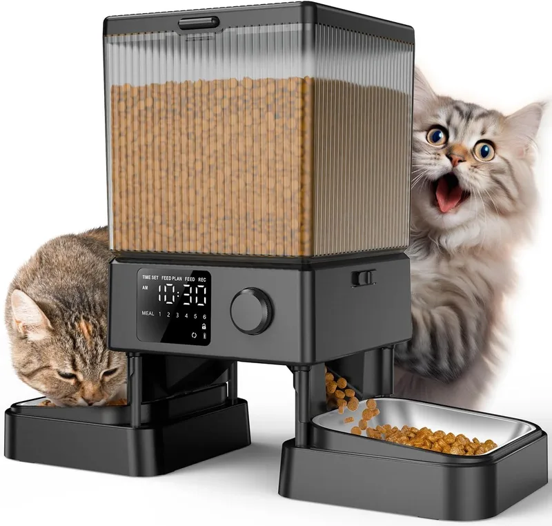 oneisall ▫️ Comedouro Automático para Gatos 5 L, 2 Tigelas, Aço Inoxidável, Gravador de Voz, Preto