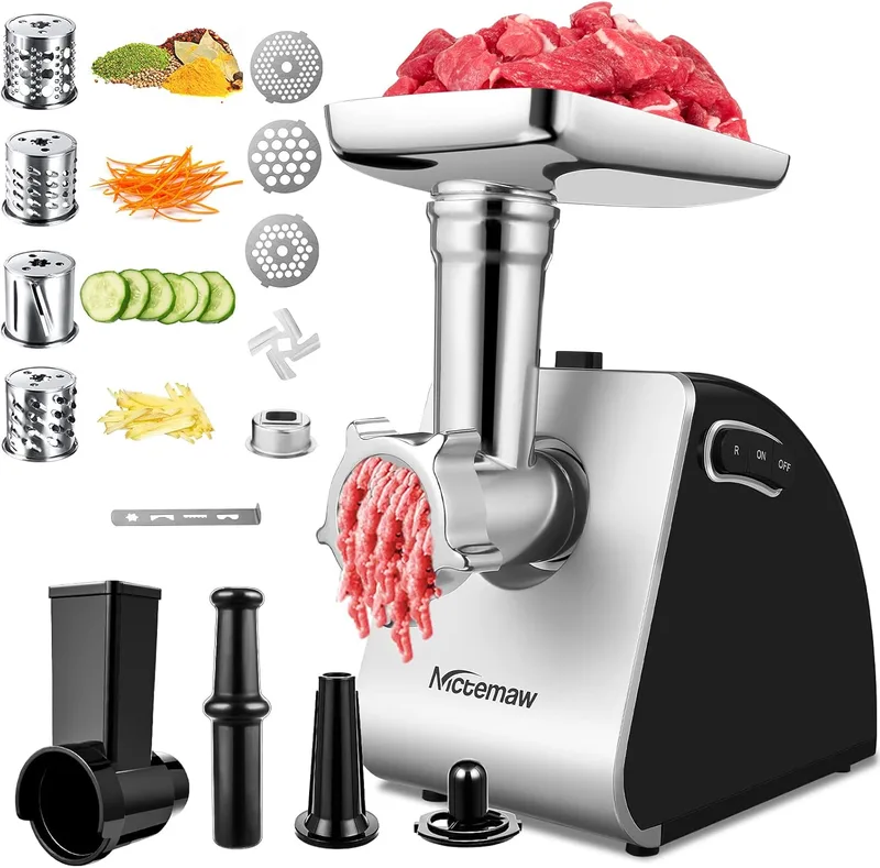 Nictemaw ▫️ Picador de carne elétrico de 2000 W, máquina para fazer salsichas e processador de alimentos num só aparelho, com 3 discos perfurados, 4 lâminas cónicas e um enchidor de salsichas