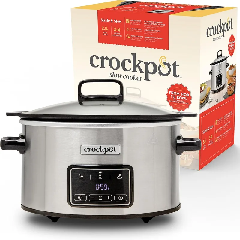 Crock-Pot ▫️ Panela elétrica de cozedura lenta Sizzle & Stew | 3,5 L (3-4 pessoas) | Recipiente removível compatível com placas de indução | Carne e legumes | Ficha UE de 2 pinos | Aço inoxidável [CSC111X]