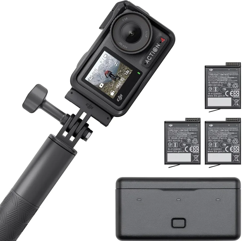 DJI ▫️ Osmo Action 4 Adventure Pack: câmara desportiva 4K/120fps com sensor de 1/1,3 polegadas, D-Log M e 10 bits, campo de visão ultra-amplo de 155°, até 7,5h com 3 baterias extra para gravar vlogs