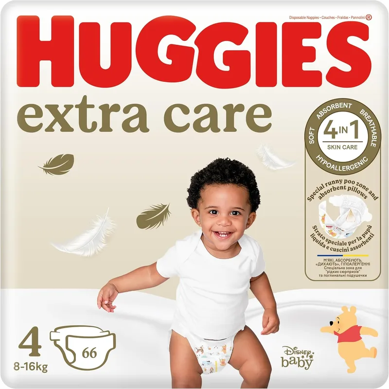 HUGGIES ▫️ Fraldas Extra Care, tamanho 4 (8-16 kg), embalagem de 66 fraldas
