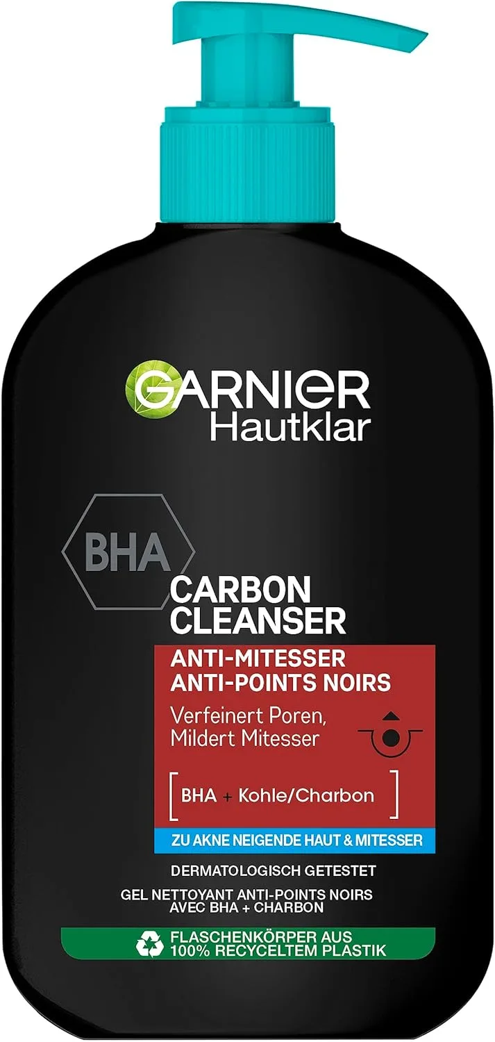 Garnier ▫️ BHA Carbon Cleanser Gel lavante com carvão vegetal, anti-cravos e anti-espinhas, gel lavante e de limpeza para o rosto, 250 ml