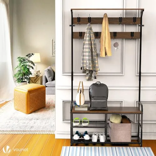 VOUNOT ▫️ ® Cabideiro de pé com sapateira, cabideiro para a entrada com banco, 3 prateleiras e 9 ganchos, cabideiro para sapatos e roupa em madeira, estilo industrial, 185 x 85 x 33 cm 2