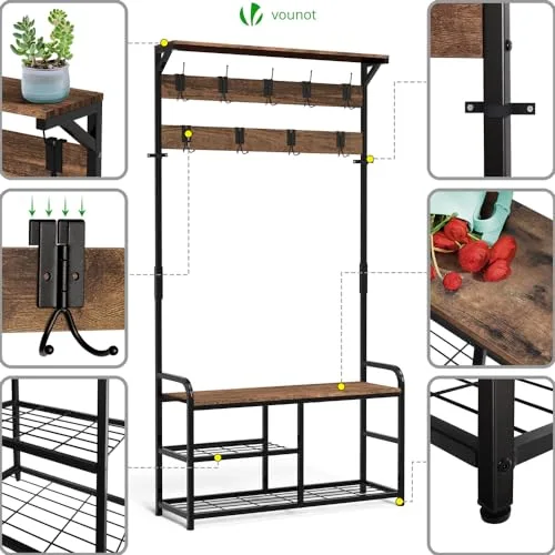VOUNOT ▫️ ® Cabideiro de pé com sapateira, cabideiro para a entrada com banco, 3 prateleiras e 9 ganchos, cabideiro para sapatos e roupa em madeira, estilo industrial, 185 x 85 x 33 cm 5