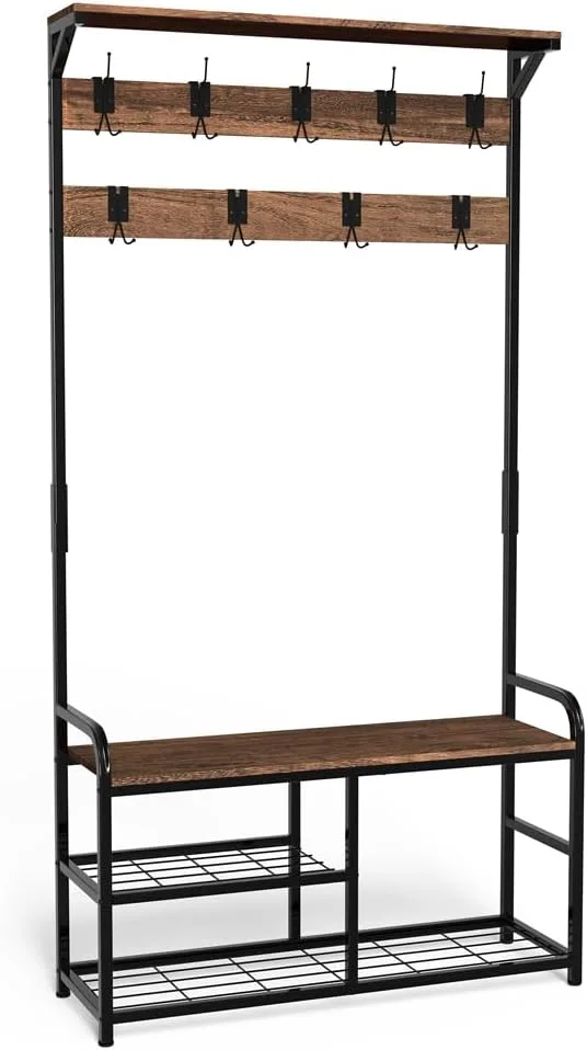 VOUNOT ▫️ ® Cabideiro de pé com sapateira, cabideiro para a entrada com banco, 3 prateleiras e 9 ganchos, cabideiro para sapatos e roupa em madeira, estilo industrial, 185 x 85 x 33 cm