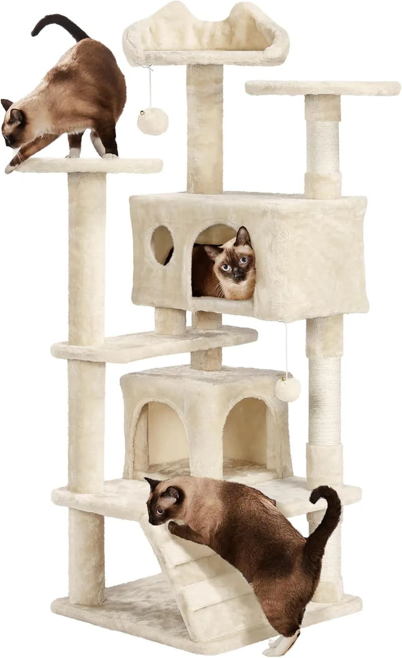Yaheetech ▫️ Cat Scratching Tree 139cm with 3 Platforms 2 Nests 2 Pompoms Climbing Tower with Sisal Posts Ideal for 3-4 Cats Beige