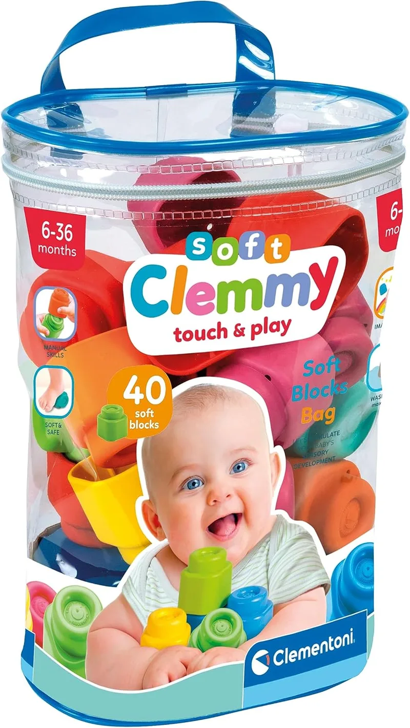 Clementoni ▫️ 17878 - Soft Clemmy Bolsa com 40 peças - Construções macias, blocos de construção, 40 blocos macios, blocos 100% laváveis, brinquedo para bebés a partir dos 6 meses, fabricado em Itália