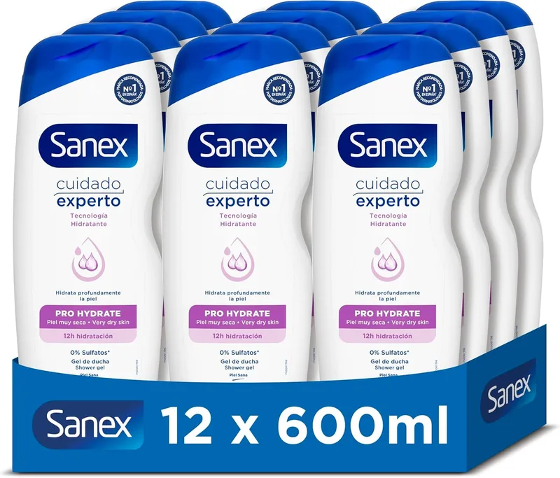 Sanex ▫️ Expert Care Pro Hydrate Gel de Duche, Embalagem 12 x 600ml, Gel de Banho para Peles Muito Secas, Limpa Suavemente, Hidrata e Suaviza a Pele, Complexo Prebiótico e Pós-biótico, Hidratação 12H