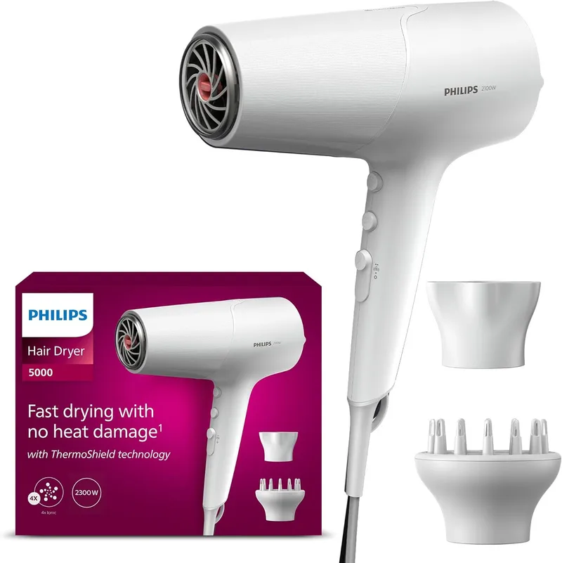 Philips ▫️ Secador de cabelo Série 5000 2100w com tecnologia ThermoShield, bocal ultra-fino, bocal estreito, dissolvente de lâminas, BHD500/20, branco acetinado