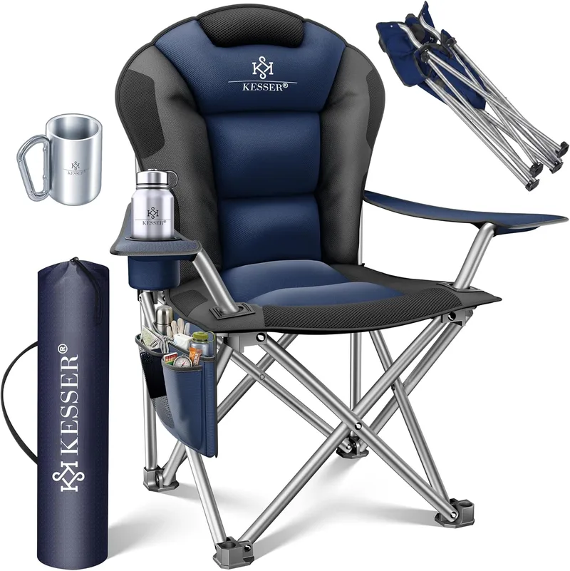 KESSER ▫️ ® Cadeira dobrável de campismo almofadada até 150 kg, com apoios de braços e porta-copos + bolsa com encosto alto, cadeira de praia, banqueta, azul-marinho/preto