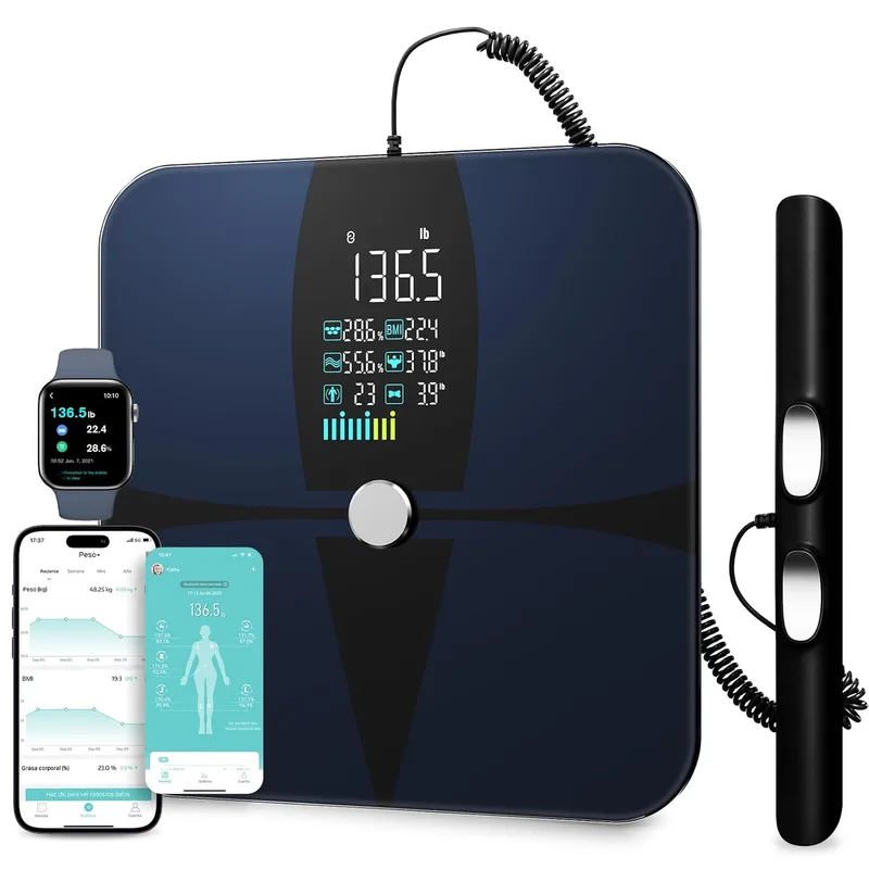 Lepulse ▫️ Balança de bioimpedância 8 eléctrodos, balança digital recarregável para gordura corporal e músculos com ecrã grande, balança de casa de banho de precisão para gordura corporal Balança inteligente com 20 medições
