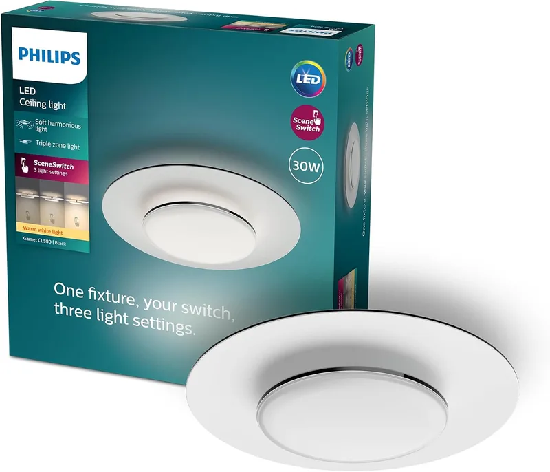 Philips ▫️ Luminária de teto LED Garnet, 30 W, 3100 lúmens, luz branca quente 2700 K com tecnologia SceneSwitch, preta