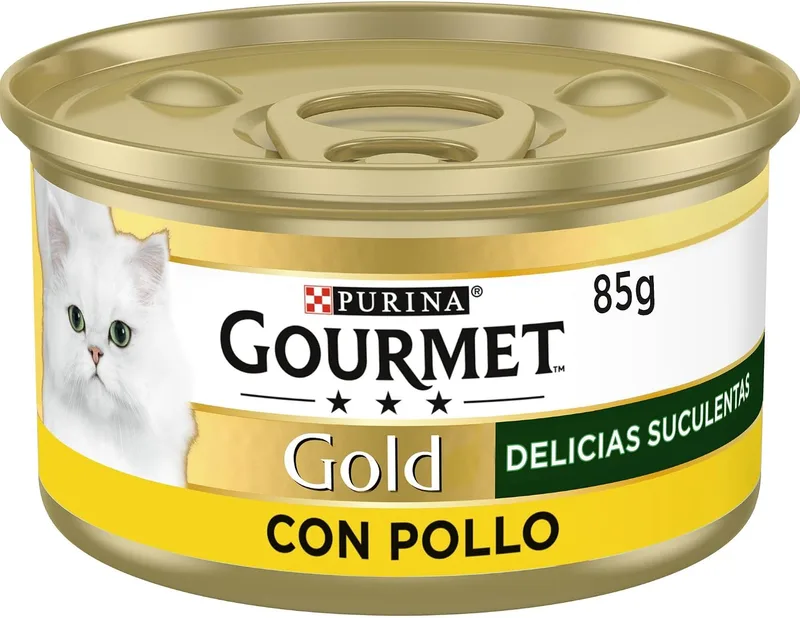 Gourmet ▫️ Purina Gold Delícias Suculentas, Comida húmida para gatos com frango, 24 latas de 85 g