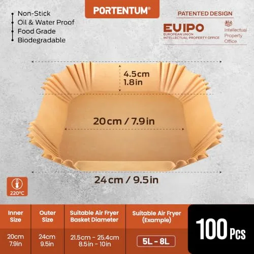 PORTENTUM ▫️ Papel para fritadeira de ar quente, 100 unidades quadradas de 20-24 cm. Para fritadeiras de ar quente, de qualidade alimentar com tripla certificação: sem BPA, FDA e LFGB 3