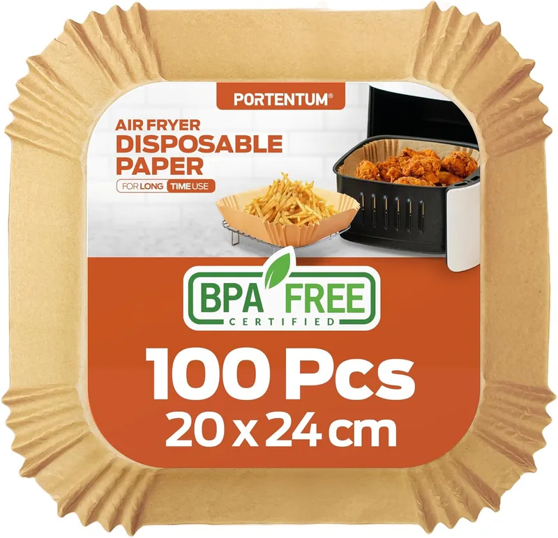 PORTENTUM ▫️ Papel para fritadeira de ar quente, 100 unidades quadradas de 20-24 cm. Para fritadeiras de ar quente, de qualidade alimentar com tripla certificação: sem BPA, FDA e LFGB