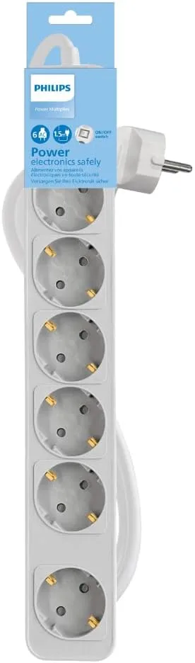 PHILIPS ▫️ Multitoma CHP2164W - Multitoma com 6 tomadas, cabo de 1,5 metros, interruptor principal, fecho de segurança automático, indicador LED de alimentação - Cor branca