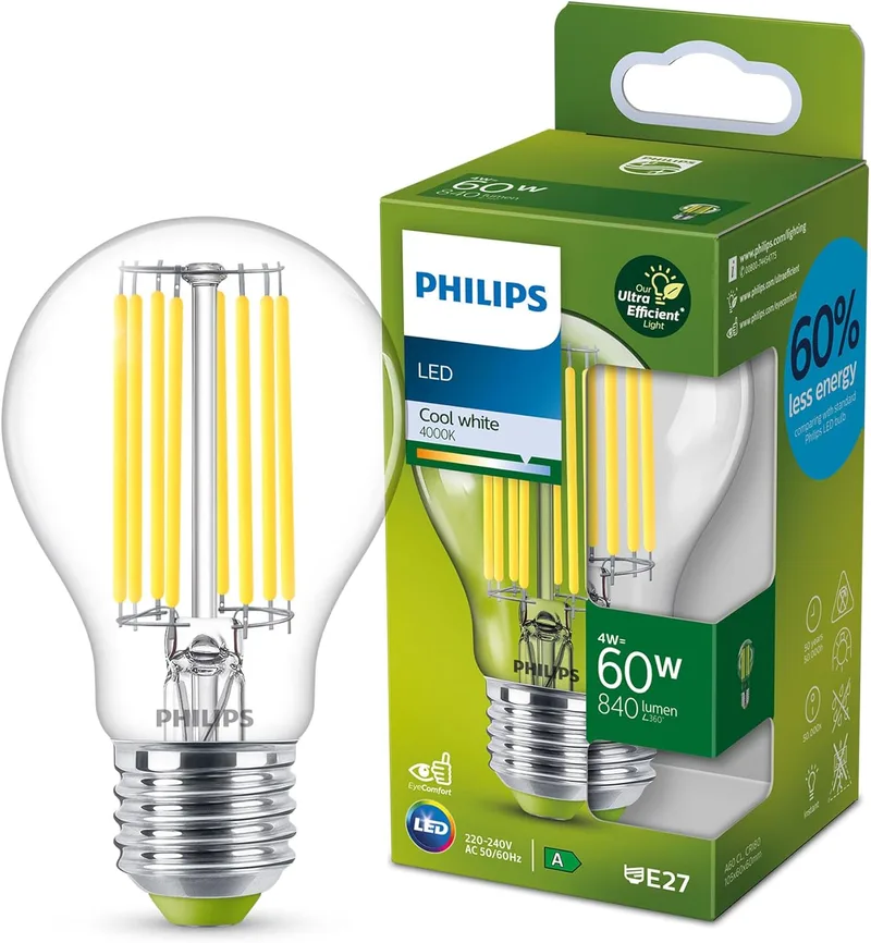 Philips ▫️ Efficient Classic LED Bulb, casquilho E27 4W, 840 lúmenes, luz branca fria 4000k, classe energética A