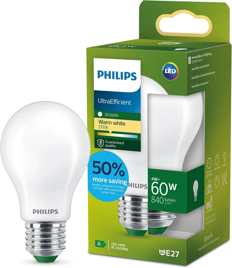 Philips ▫️ Lâmpada LED Mate Eficiente, Casquilho E27, 4 W, 840 lúmenes, Luz Branca Quente 2700 K, Classe Energética A