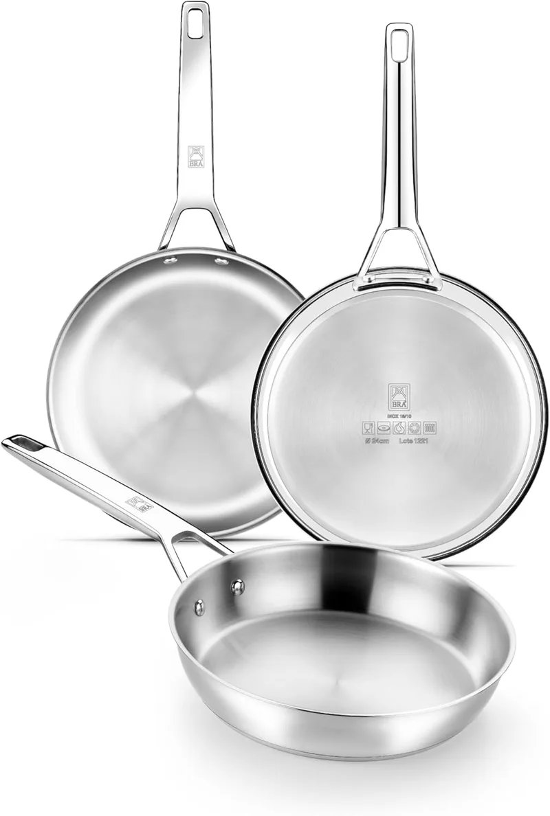 BRA ▫️ Signature | Conjunto de 2 frigideiras de 24-26 cm, aço inoxidável 18/10 profissional sem revestimento antiaderente, fundo triplo difusor, adequado para todos os tipos de fogões, incluindo indução, acabamento polido
