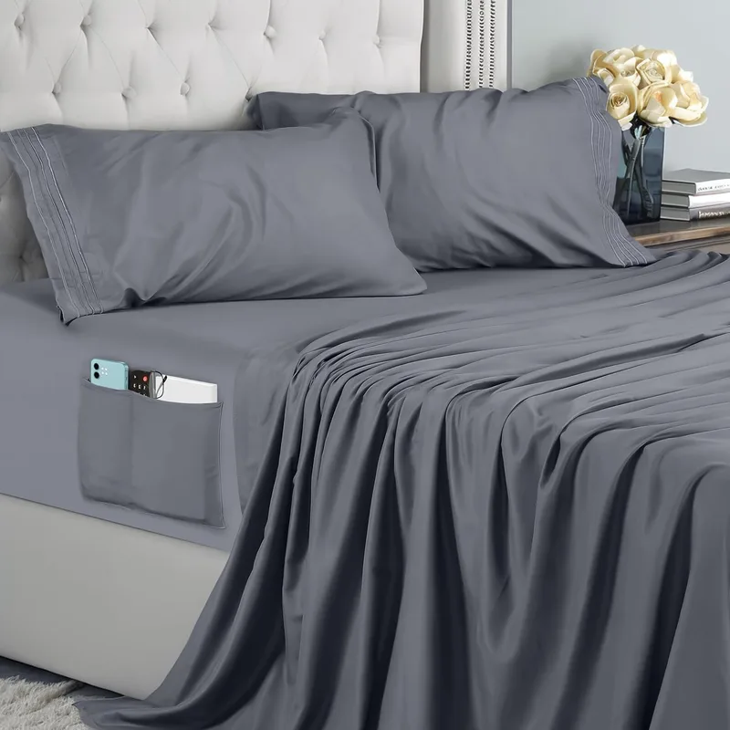 Utopia Bedding ▫️ Conjunto de lençóis de 4 peças 150x200 - Microfibra de poliéster, lençol com bolsos para arrumação, lençol plano e 2 fronhas bordadas (cama 150, cinzento)