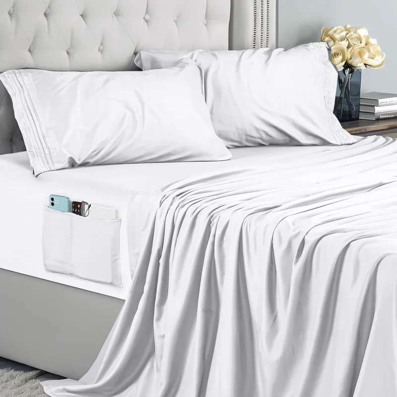 Utopia Bedding ▫️ Conjunto de lençóis de 4 peças 135x190 - Microfibra de poliéster, lençol adaptado com bolsos para arrumação, lençol plano e 2 fronhas bordadas (cama 135, branco)