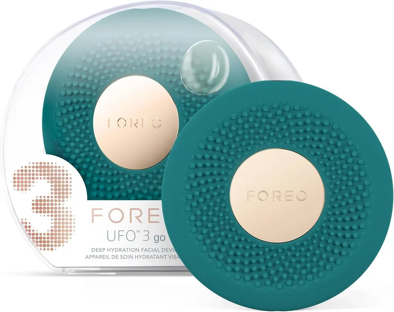 FOREO ▫️ UFO 3 go, Máscara Facial de Viagem, Hidratante Facial, Cuidados Anti-Envelhecimento da Pele, Luz LED de Espectro Completo e Luz Vermelha, Termoterapia, Massajador Facial T-Sonic, Evergreen