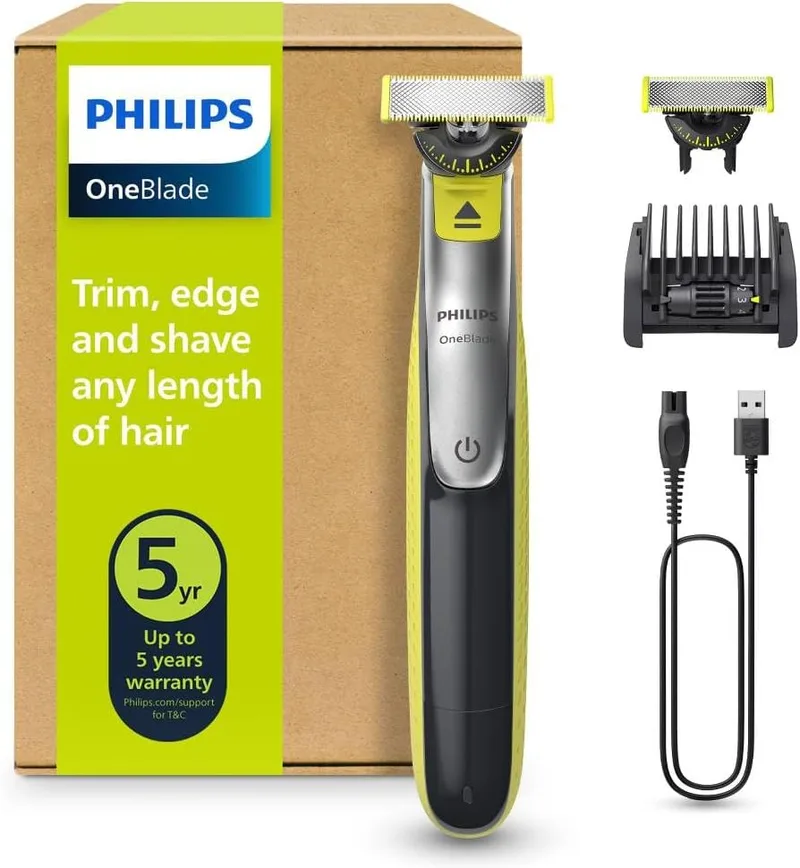 PHILIPS ▫️ OneBlade 360 - Máquina de barbear híbrida, barbeador elétrico e aparador, 2 lâminas 360, pente-guia ajustável 5 em 1 (modelo QP2734/30)