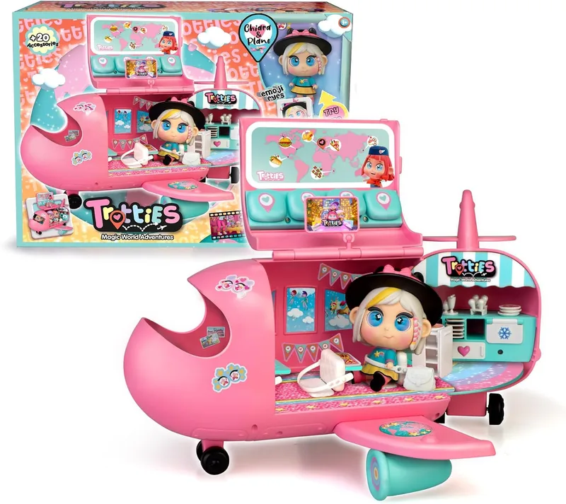 Trotties ▫️ Avião da Chiara, Avião Rosa de Brinquedo e Boneca Mini, 20 Acessórios, Autocolantes e Vários Espaços e Modos de Jogo, A partir dos 3 anos, Famosa (TFT12000)