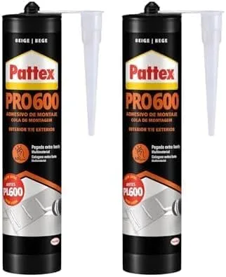 Pattex ▫️ PL600, adesivo à prova de água e resistente à temperatura, adesivo para montagem em interiores e exteriores, cola extra forte, 1 cartucho x 300 ml, Embalagem de 2