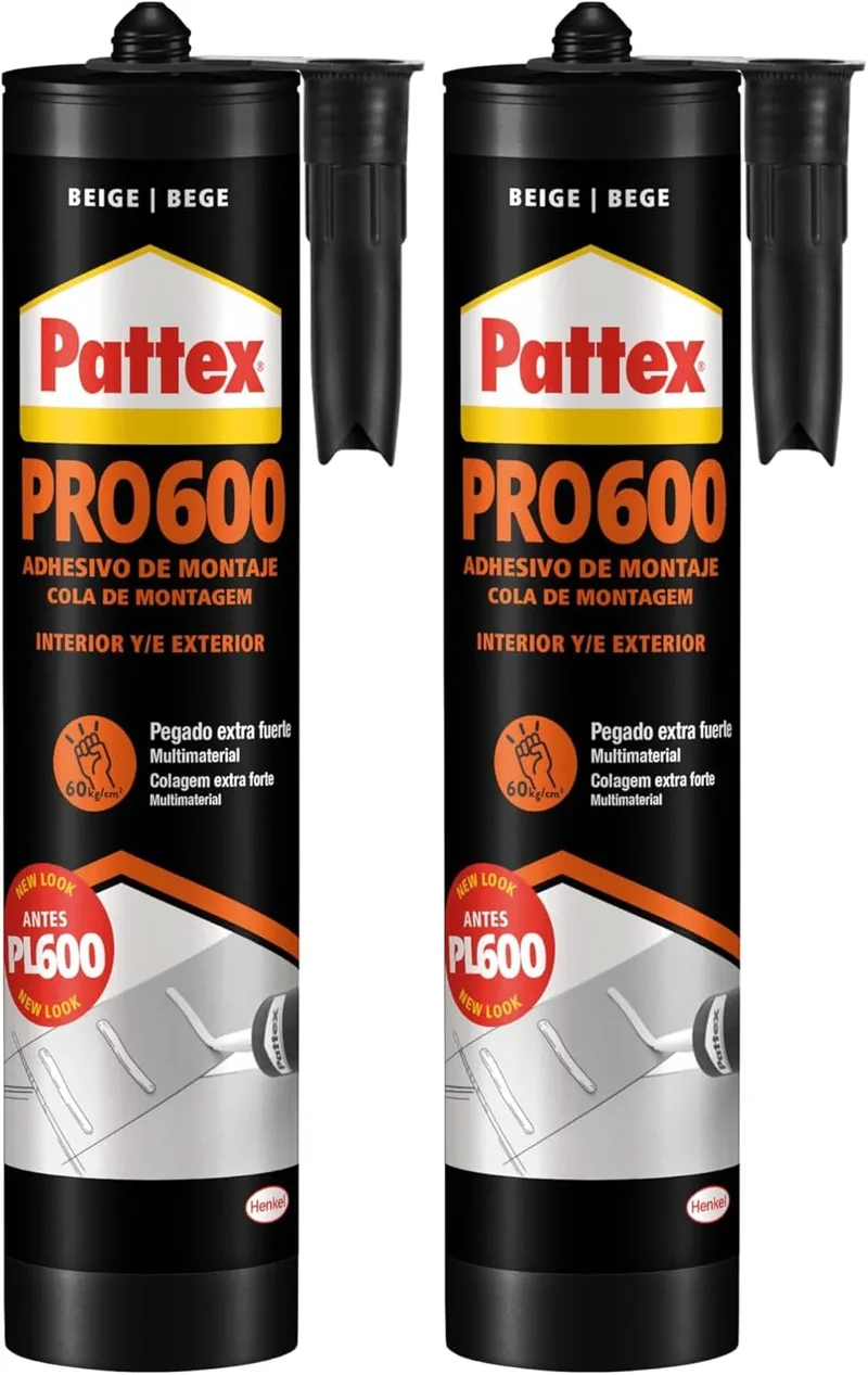 Pattex ▫️ PL600, adesivo resistente à água e a temperaturas extremas, adesivo de montagem para interiores e exteriores, cola extraforte, 1 cartucho de 300 ml, embalagem de 2