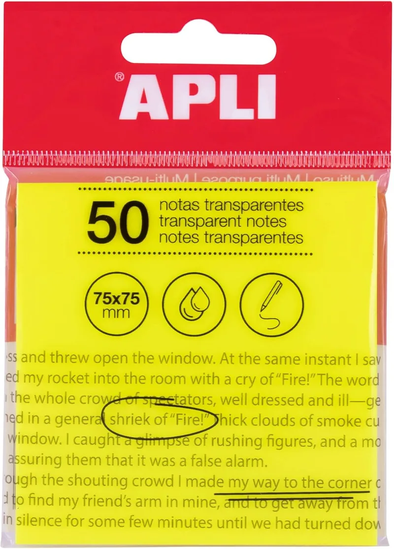 APLI ▫️ 19569 - Notas autocolantes transparentes 75 x 75 mm amarelo, 50 folhas de notas autocolantes translúcidas à prova de água para estudantes, escola ou escritório.