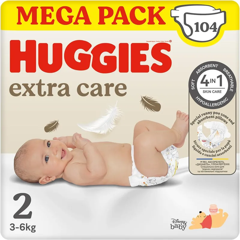 HUGGIES ▫️ Extra Care - Fraldas para bebé, tamanho 2 (3-6 kg), ultraabsorventes, com motivos da Disney, embalagem Mega, 104 unidades