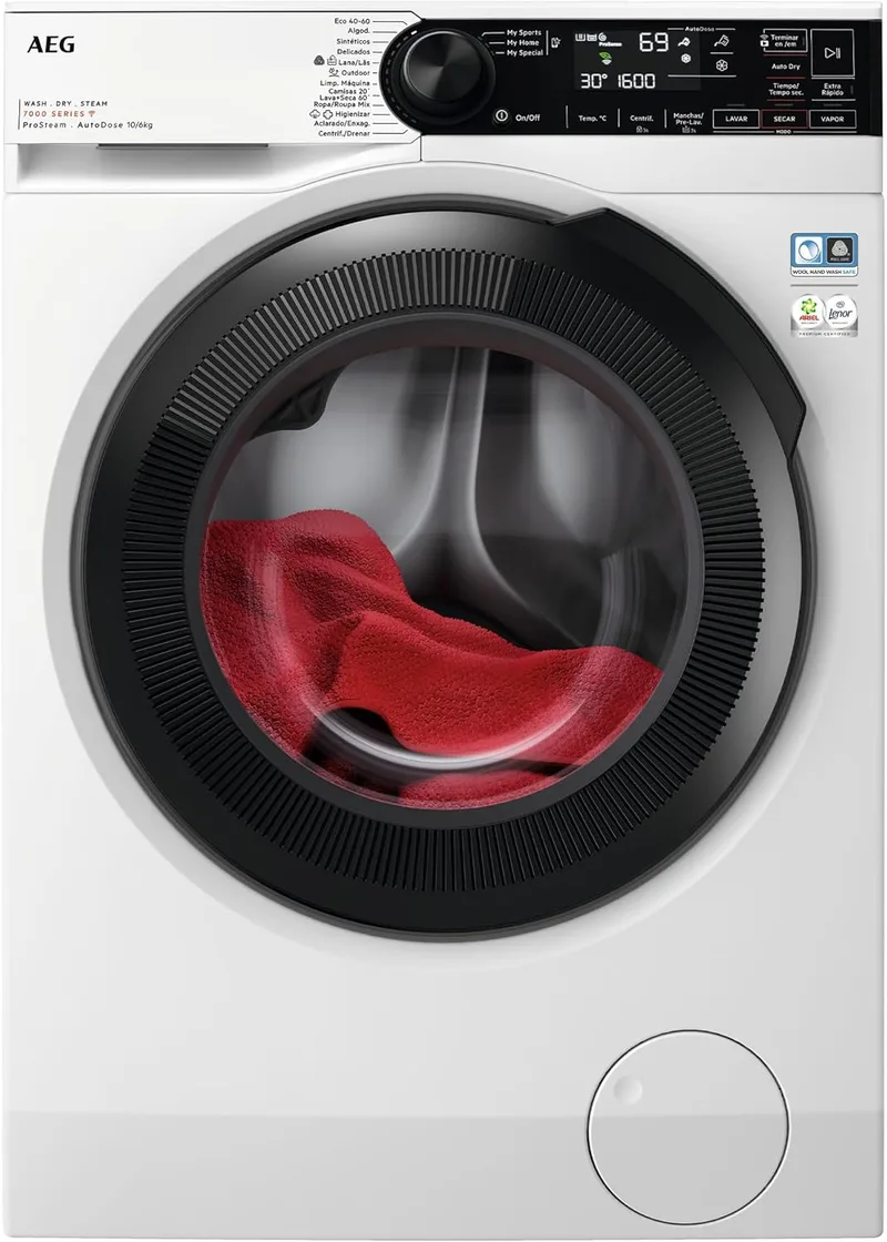 AEG LWR7316O4Q Máquina de lavar e secar roupa com carregamento frontal, Lava 10 kg Seca 6 kg, Instalação gratuita, 1600 rpm, Conectividade WiFi, Dosagem automática, Programa NonStop, Painel LCD, Branco, Classe D