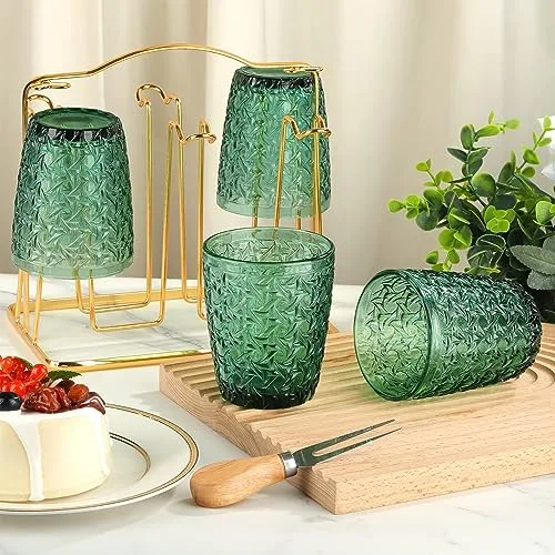 Joeyan ▫️ Verde Copos de Água com Relevo, Copos de Vidro, Copos de Água para Refrigerantes, Cocktails, Chá, Sumos, Bebidas e Leite, 300 ml, Conjunto de 6, Adequados para a máquina de lavar louça 2