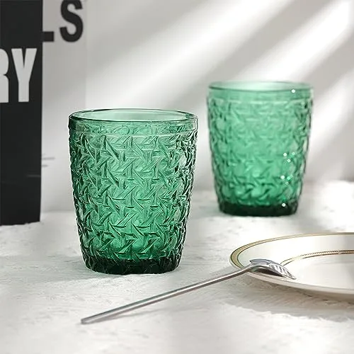 Joeyan ▫️ Verde Copos de Água com Relevo, Copos de Vidro, Copos de Água para Refrigerantes, Cocktails, Chá, Sumos, Bebidas e Leite, 300 ml, Conjunto de 6, Adequados para a máquina de lavar louça 3