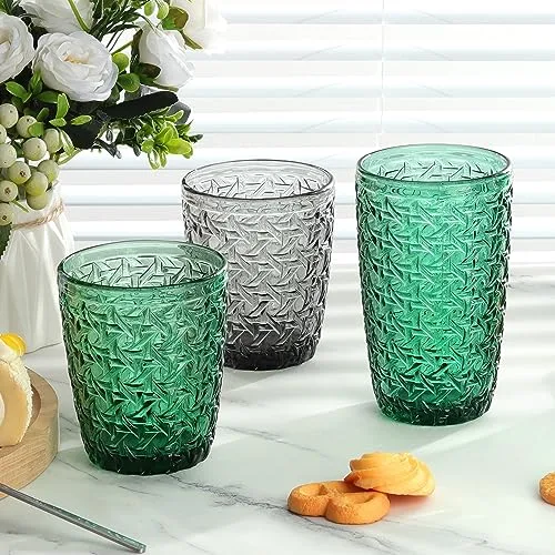 Joeyan ▫️ Verde Copos de Água com Relevo, Copos de Vidro, Copos de Água para Refrigerantes, Cocktails, Chá, Sumos, Bebidas e Leite, 300 ml, Conjunto de 6, Adequados para a máquina de lavar louça 5