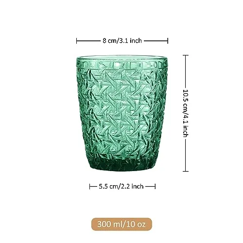 Joeyan ▫️ Verde Copos de Água com Relevo, Copos de Vidro, Copos de Água para Refrigerantes, Cocktails, Chá, Sumos, Bebidas e Leite, 300 ml, Conjunto de 6, Adequados para a máquina de lavar louça 6