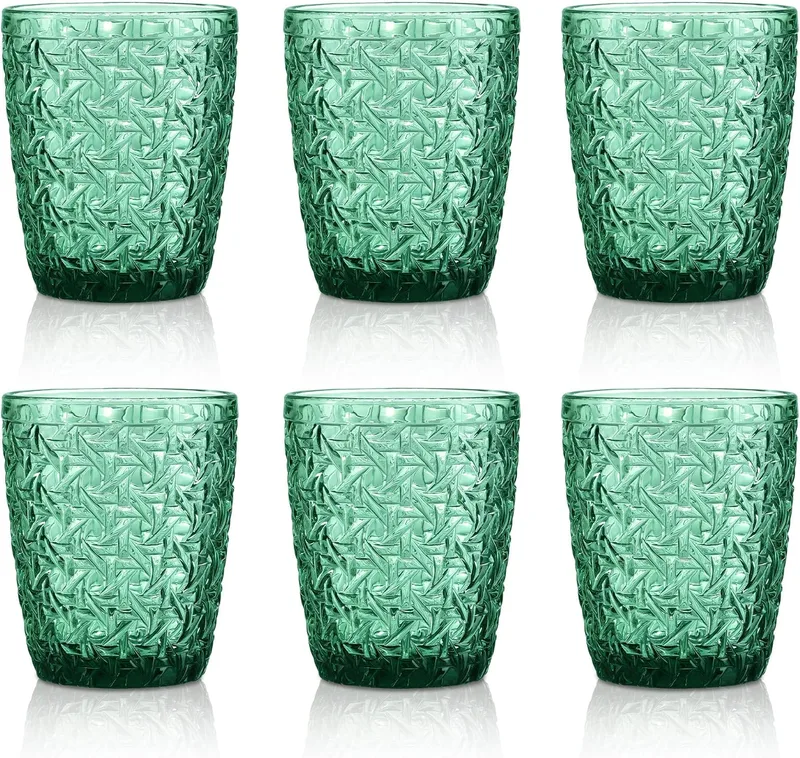 Joeyan ▫️ Verde Copos de Água com Relevo, Copos de Vidro, Copos de Água para Refrigerantes, Cocktails, Chá, Sumos, Bebidas e Leite, 300 ml, Conjunto de 6, Adequados para a máquina de lavar louça