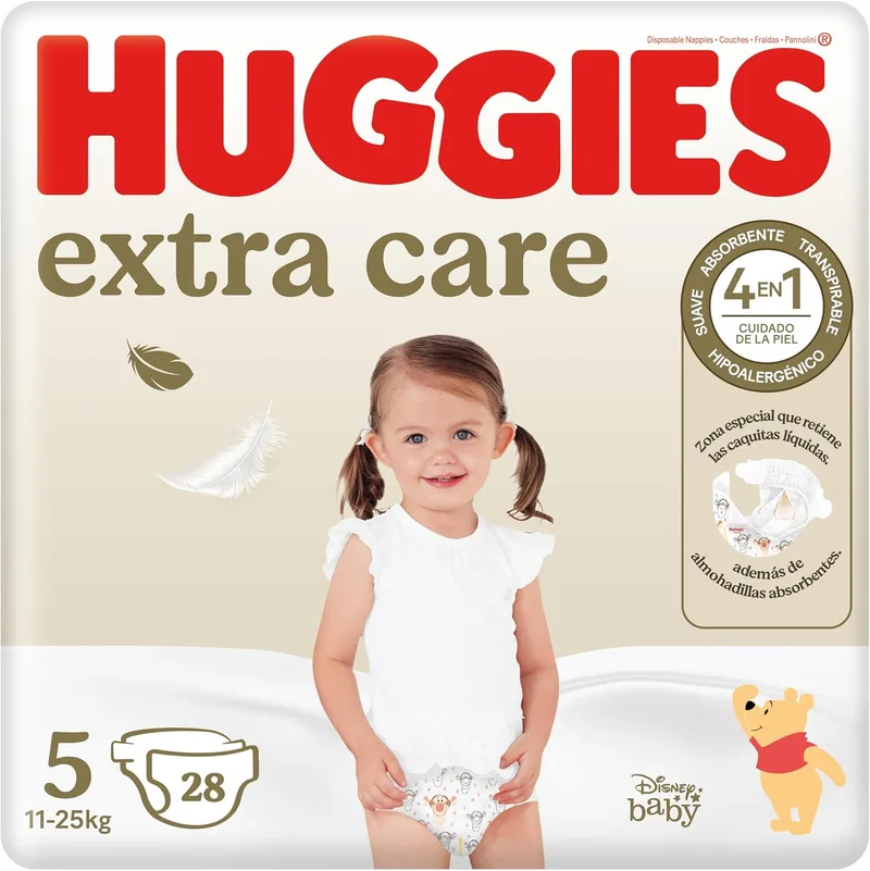 HUGGIES ▫️ Fraldas Extra Care com padrões da Disney Tamanho 5 (11-25 kg), materiais suaves e delicados, hipoalergénicas, 28 fraldas
