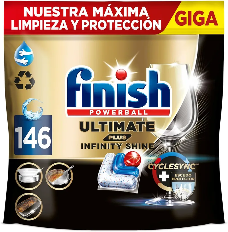 Finish ▫️ Ultimate Plus Infinity Shine, pastilhas para a máquina de lavar louça, limpeza e brilho intensivos e proteção do vidro, 146 pastilhas