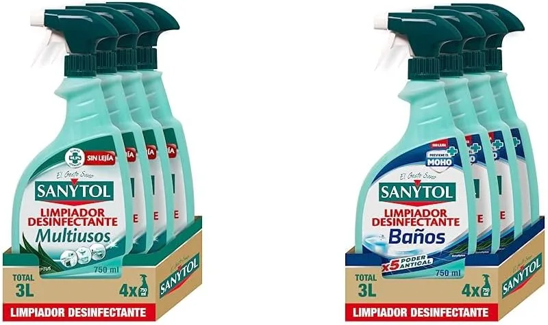Sanytol ▫️ Produto de limpeza e desinfeção multiusos, elimina bactérias, fungos e vírus sem lixívia, com aroma a eucalipto - Embalagem de 4 x 750 ml = 3 l & – Produto de limpeza e desinfeção anticalcário para casas de banho