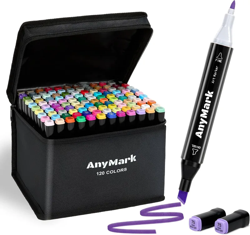 AnyMark ▫️ Canetas de marcação com álcool, 120 cores, ponta dupla biselada e fina