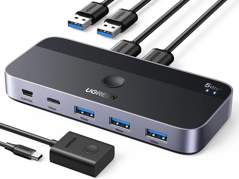 UGREEN ▫️ Switch KVM com 2 entradas e 4 saídas – Switch USB 3.0 com 2 cabos para partilhar 4 dispositivos: teclado, rato, memórias, disco rígido, impressoras, scanners, etc.