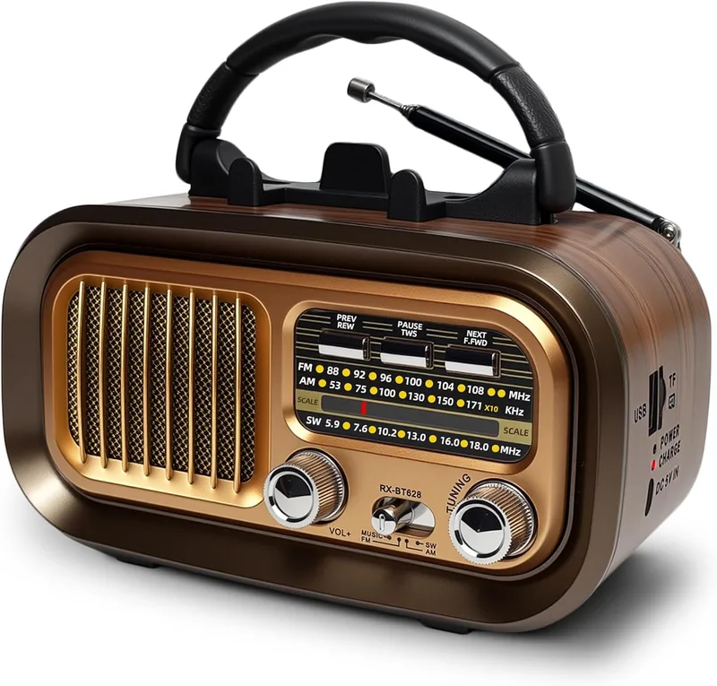 BliMySwe ▫️ Rádio portátil pequeno, rádio vintage a transístores AM/FM/SW, rádio retro com Bluetooth, alimentado por baterias recarregáveis de 1200 mAh ou pilhas D, rádio FM compatível com USB/cartão TF/TWS