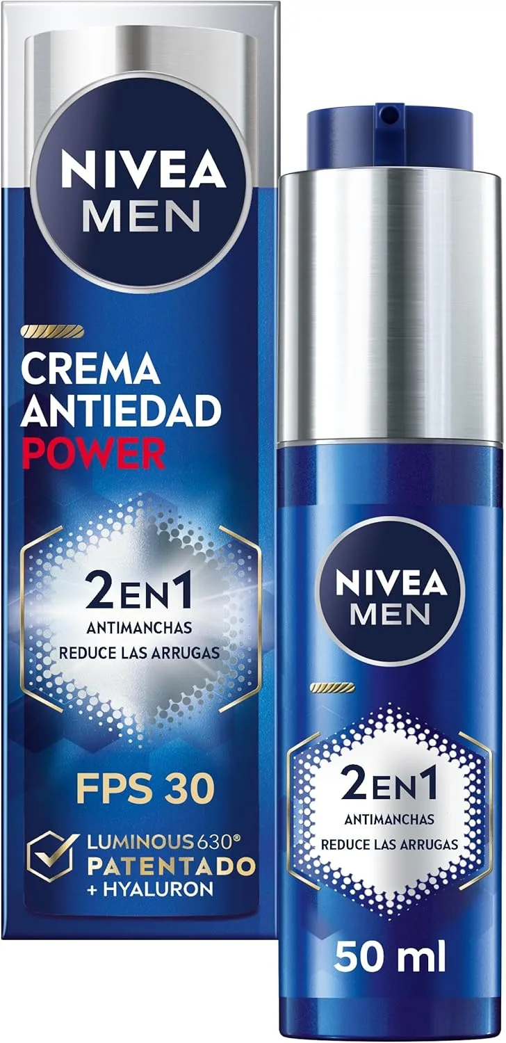 NIVEA MEN ▫️ POWER 2 em 1 Creme Hidratante Antimanchas e Rugas (1 x 50 ml), creme de rosto anti-envelhecimento com proteção FP30, proteção solar com Luminous 630 e ácido hialurónico.