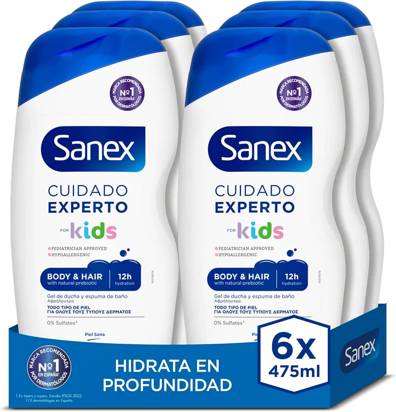 Sanex ▫️ Gel de duche Expert Care Kids, embalagem de 6 x 475 ml, gel de duche para crianças, hipoalergénico, hidratante 12H, testado dermatologicamente, aprovado por pediatras