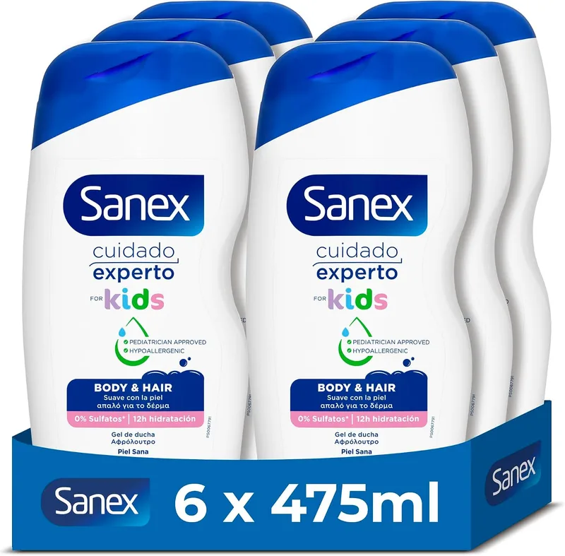 Sanex ▫️ Cuidado Experto Kids Gel de Banho, Embalagem de 6 unidades x 475 ml, Gel para crianças, Hipoalergénico, 12 horas de hidratação, Testado dermatologicamente, Aprovado por pediatras