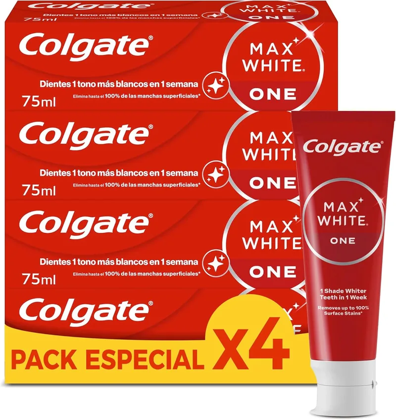 Colgate ▫️ Pasta de dentes branqueadora Max White One, embalagem de 4 unidades de 75 ml, pasta de dentes branqueadora, dentes 1 tom mais brancos em 1 semana, elimina manchas superficiais