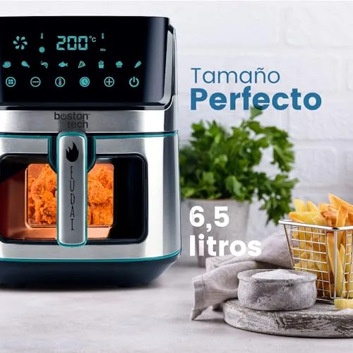 Boston Tech ▫️ EUDAI Fritadeira de Ar Quente 6,5 L, Fritadeira sem Óleo com Janela, 8 programas, Ecrã LED, Controlo Tátil, Temperatura Regulável, Cesto Antiaderente, Temporizador, 1700 W, Inclui Livro de Receitas, Aço Inoxidável. 2